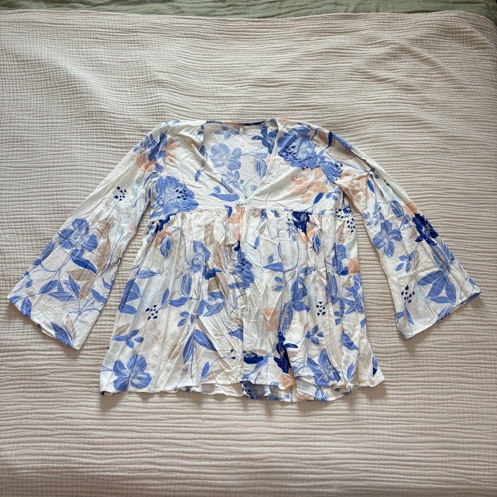 Free People Bella Tunic Women's Sz Small White Long Sleeve V-Neck Floral Blouse